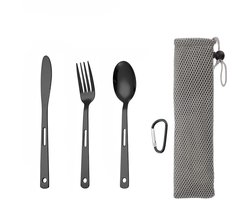 Set van 3 reisbestek, kampeerbestek, roestvrijstalen kampeerbestekset, draagbaar outdoorbestek met karabijnhaak, lepel, vork, mescombinatie en tas, herbruikbare reisbestekset,Zwart