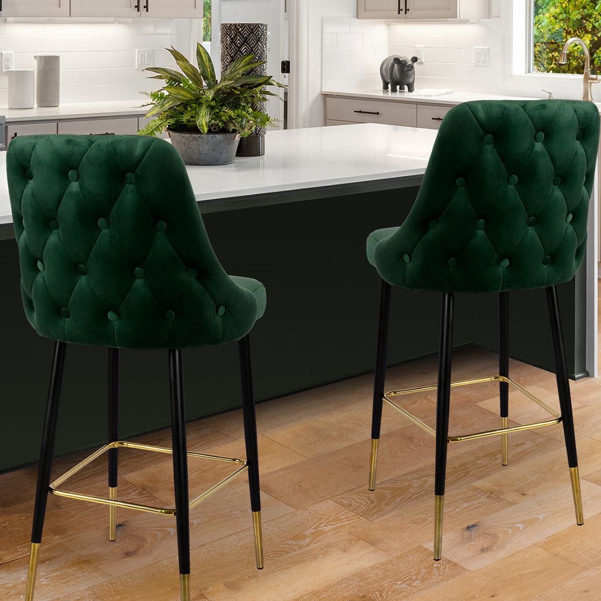 Floraya - Barstoel Moonlight - Donker Groen - Draagkracht 130KG - Velours - Design barstoel
