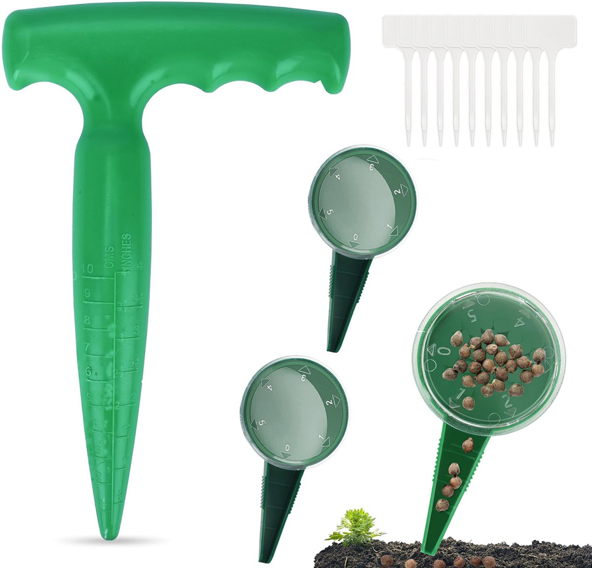 Plantenbak - 5 Stuks - Tuingereedschap - 3 Zaadplanter - 1 Perforator - 10 Plantenlabels - Tuinplanter Met Handvat - Zaden Uien - T-Vormig - Gemakkelijk Gaten Graven - Geschikt Voor Het Zaaien Van Zaden, Het Planten Van Bloembollen En Het Spitten