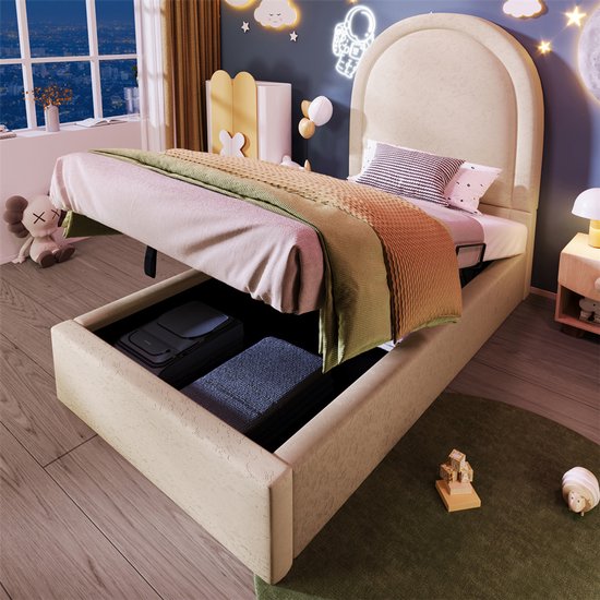 YEHTOKHOME Gestoffeerd bed kinderbed 90x190 cm - eenpersoonsbed met hydraulische opbergruimte - lattenbodem - PU - beige - kosmisch patroon (zonder matras)