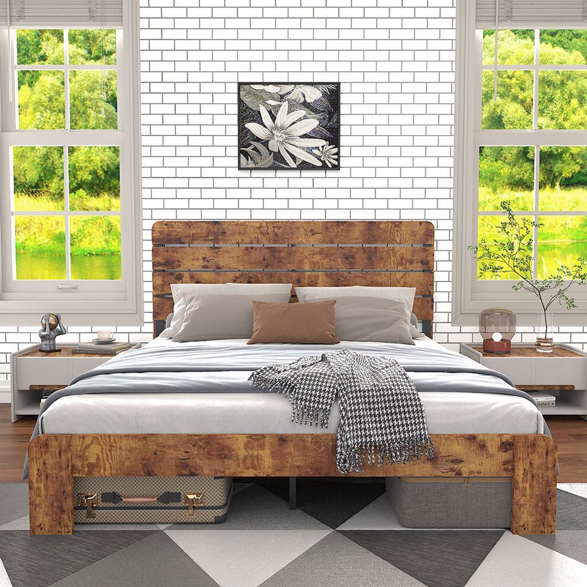 Pugsdrly Houten tweepersoonsbed 140 x 200 cm, antiek houten bedframe met ijzeren lattenbodem en hoog hoofdeinde, voor volwassenen, kinderen en tieners, met frame van stalen buizen Marron