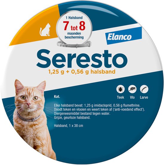 Seresto halsband voor katten, 1x38cm. Bescherming 7-8 maanden. Doodt teken, vlooien en weert larven.