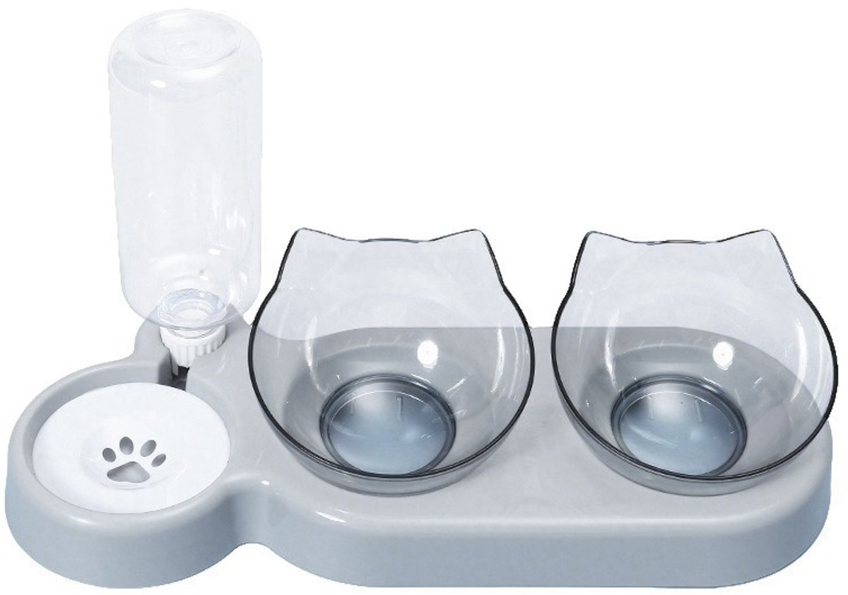 3-in-1 Kattenvoer- en Waterbak Set – Inclusief Waterdispenser, Schuine Voerbakken voor Katten & Kleine tot Middelgrote Honden, Grijs