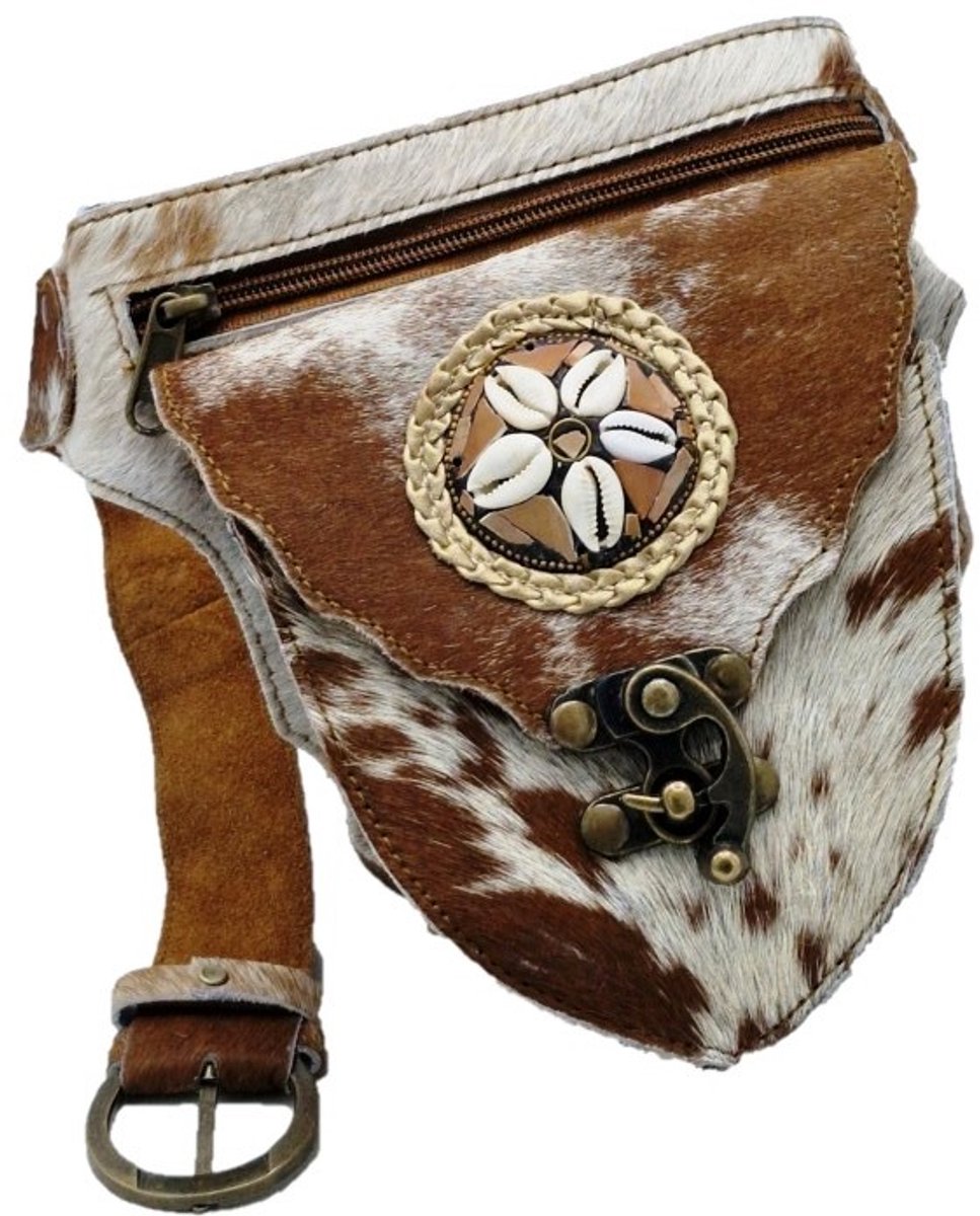 Leren heuptas met vintage haakje - Festivaltasje - koeienhuid bruin/beige - met messing haakje - (B x H x D) ca. 16 cm x 18 cm x 5 cm