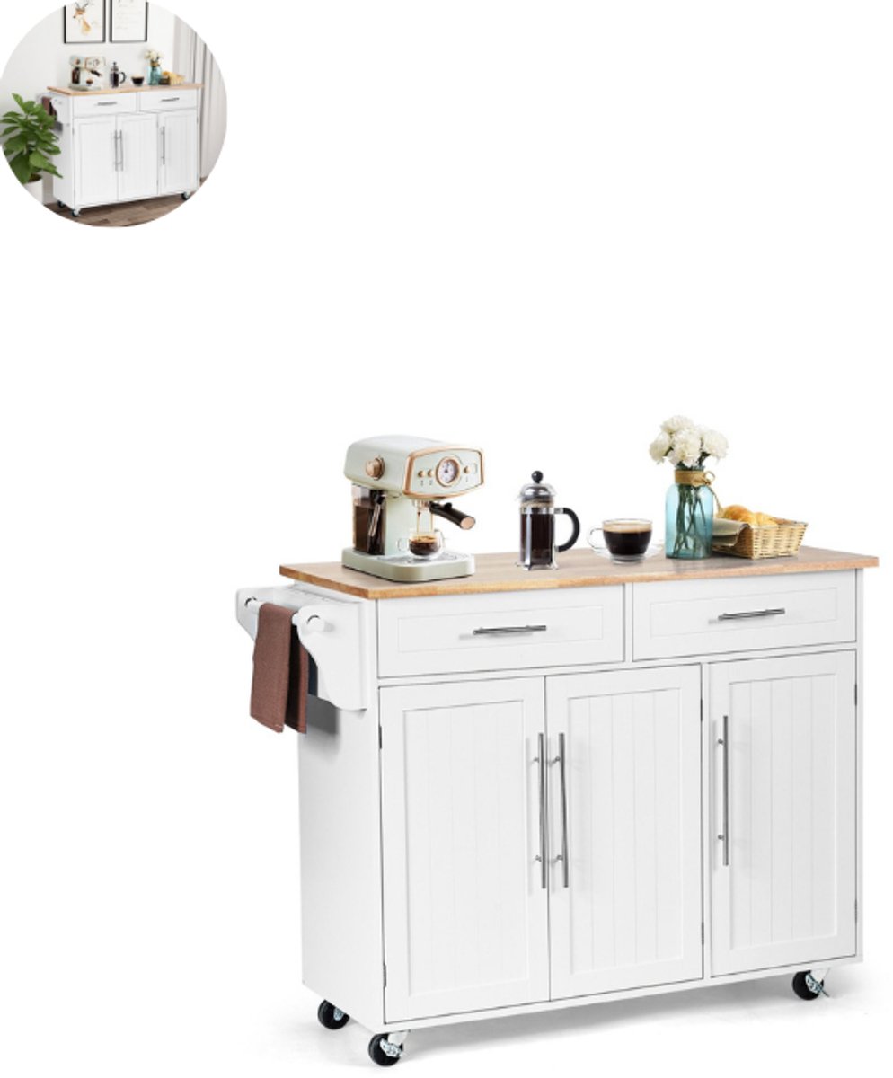 Keukeneiland - Verplaatsbaar - Keukenkast - Dressoir - Organizer - Kasten - Houten Werkblad - Wit