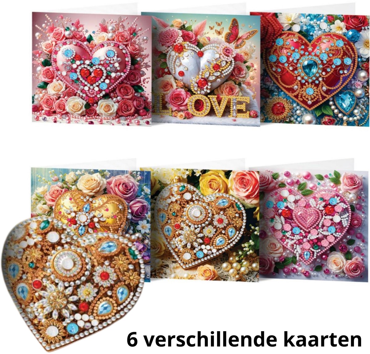 IZGO Diamond Painting Kaarten – 6 Wenskaarten met envelop - Valentijn - Zonder Tekst - Volwassenen – Volledig Pakket - Diamant schilderen - Hartjes