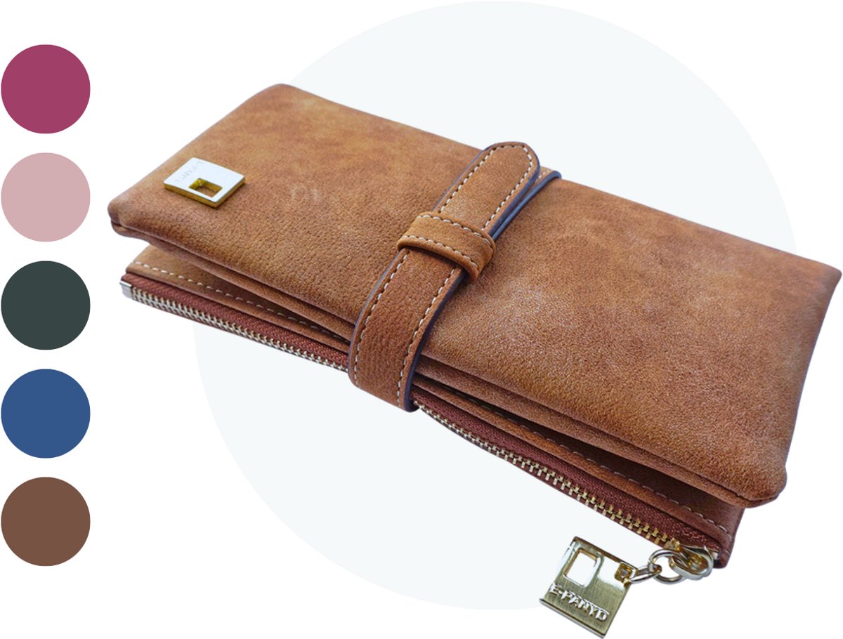 ZILOU® Portemonnee Dames Klein - met 12 Kaartvakken - tot 24 Pasjes - Suède Portefeuille Dames ritssluiting met Vintage Look - 3 Grote Vakken - voor Munt- en Briefgeld - Bruin