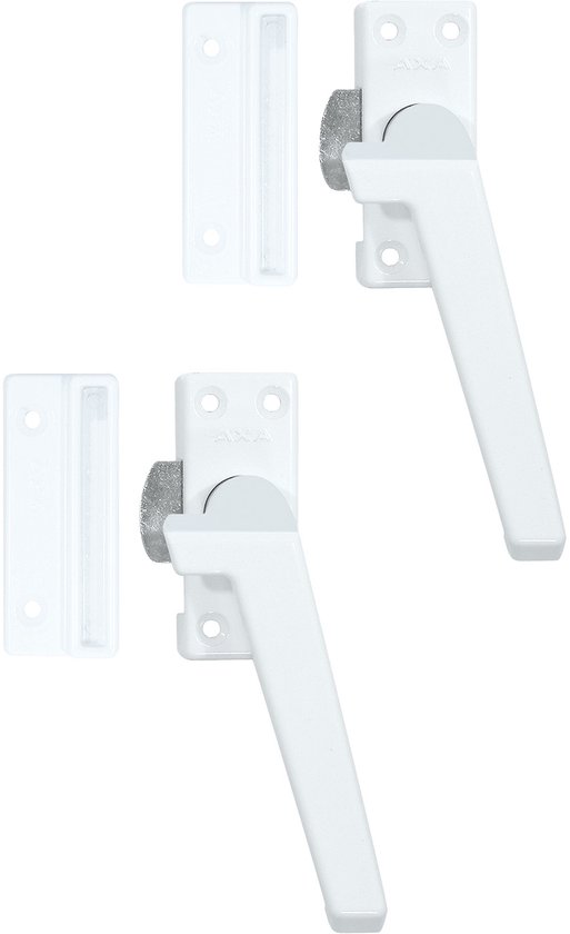 Twee witte AXA raamsluitingen met een aluminium handvat, naast elkaar geplaatst op een witte achtergrond.