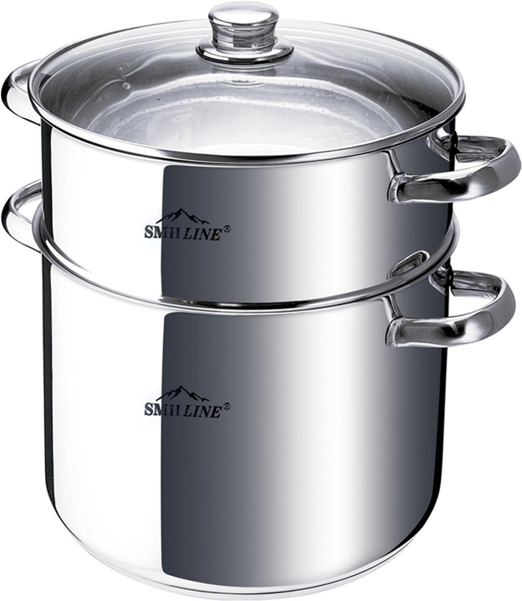 SMH LINE® Stoompan - Couscous pan - 12L - Ø 24 cm - Soeppan - RVS - Voor Alle Warmtebronnen incl. Inductie - Glazen Deksel