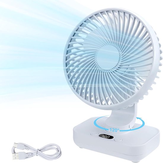Zakventilator USB draagbaar 4 snelheden 120° oscillatie stille mini bureauventilator 4000mAh batterij wit