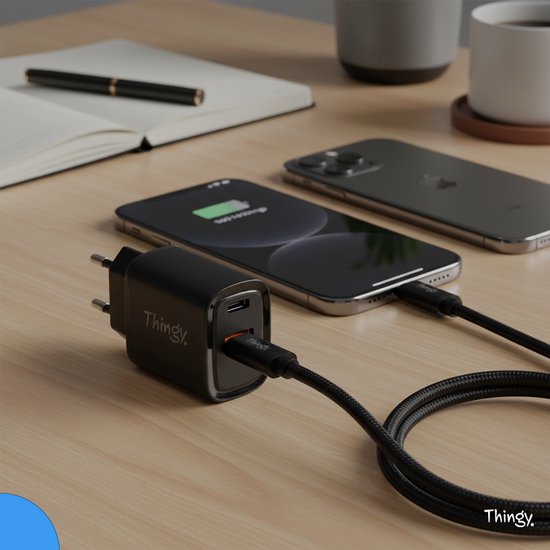 Chargeur rapide Thingy® 35 W - Chargeur rapide USB-A et USB-C - Câble USB-C Premium de 2 m inclus - Chargeur iPhone - Adaptateur USB C - Chargeur Samsung - Chargeur pour iPhone et Samsung