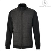 Grijze bodywarmer met donkergrijze mouwen, hoge kraag en rits.