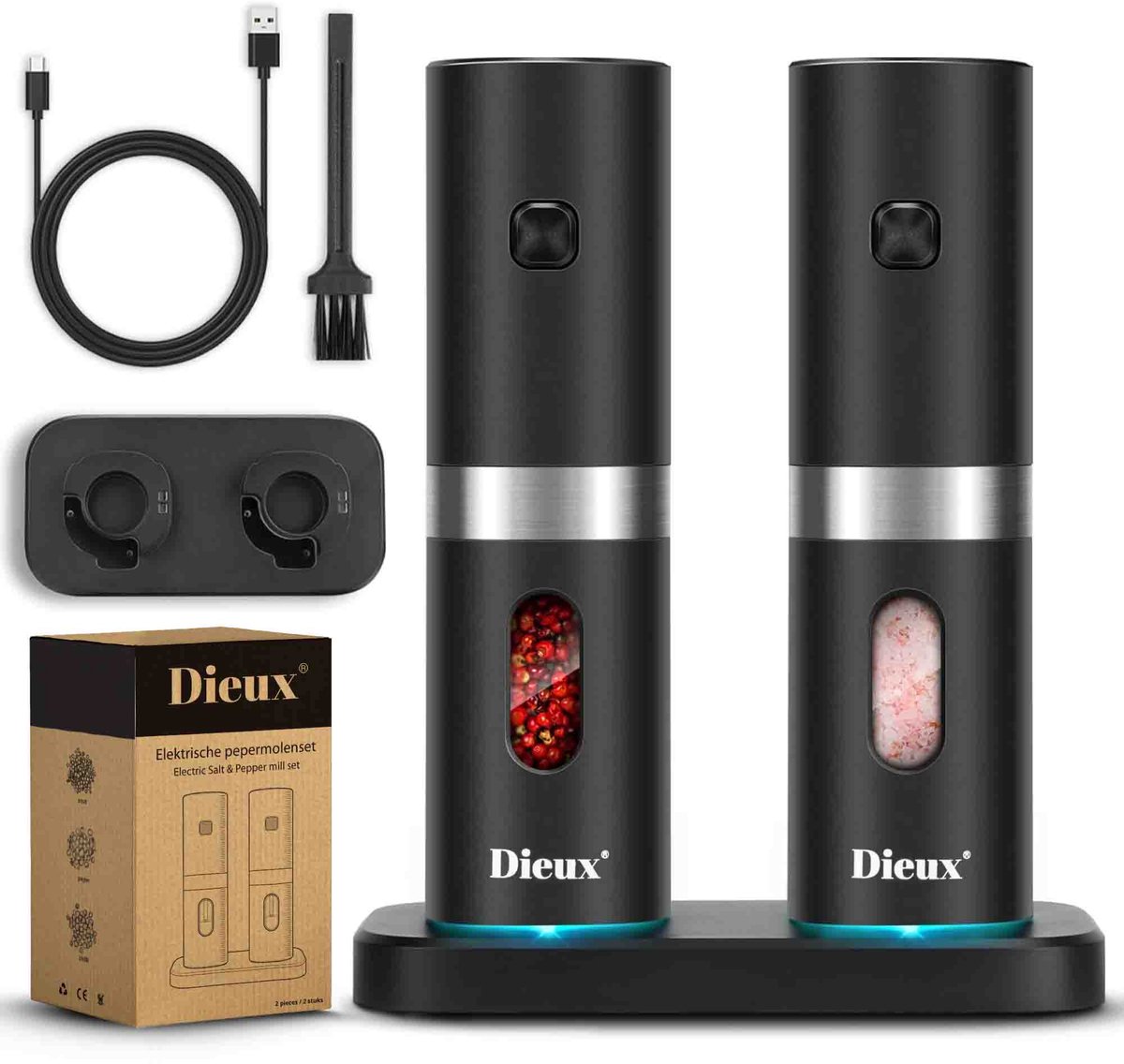 Dieux - Elektrisch Peper en Zoutmolen set met Oplaadstation - Pepermolen - Zoutmolen - 2 stuks - Instelbare maalgraad - Hervulbaar - Barbecue - BBQ accesoires - Luxe kwaliteit