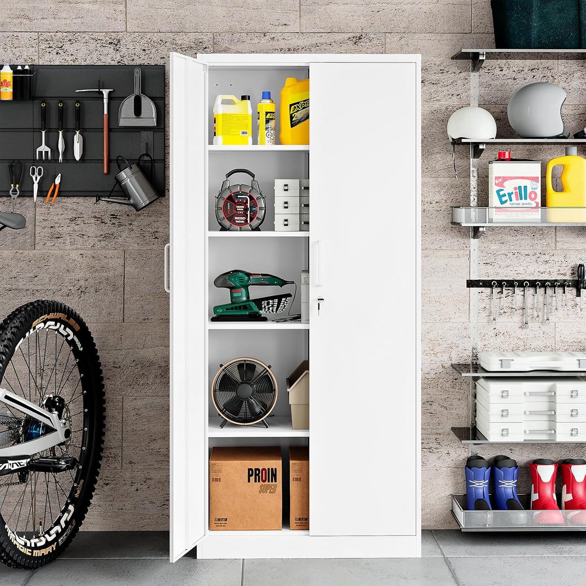 Dossierkast met Slot – Stalen Opbergkast 170x78x39 cm – Metalen Kast met 4 Verstelbare Planken – Multifunctionele Archiefkast voor Kantoor, Garage, School & Fitness – Wit – Vochtbestendig & Duurzaam - Ganeey