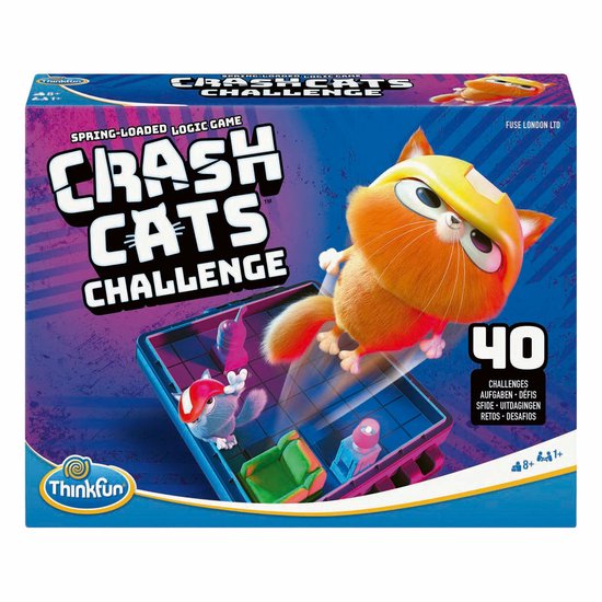 Doos van het spel Crash Cats Challenge met een cartoon kat in een helm op een spelbord.