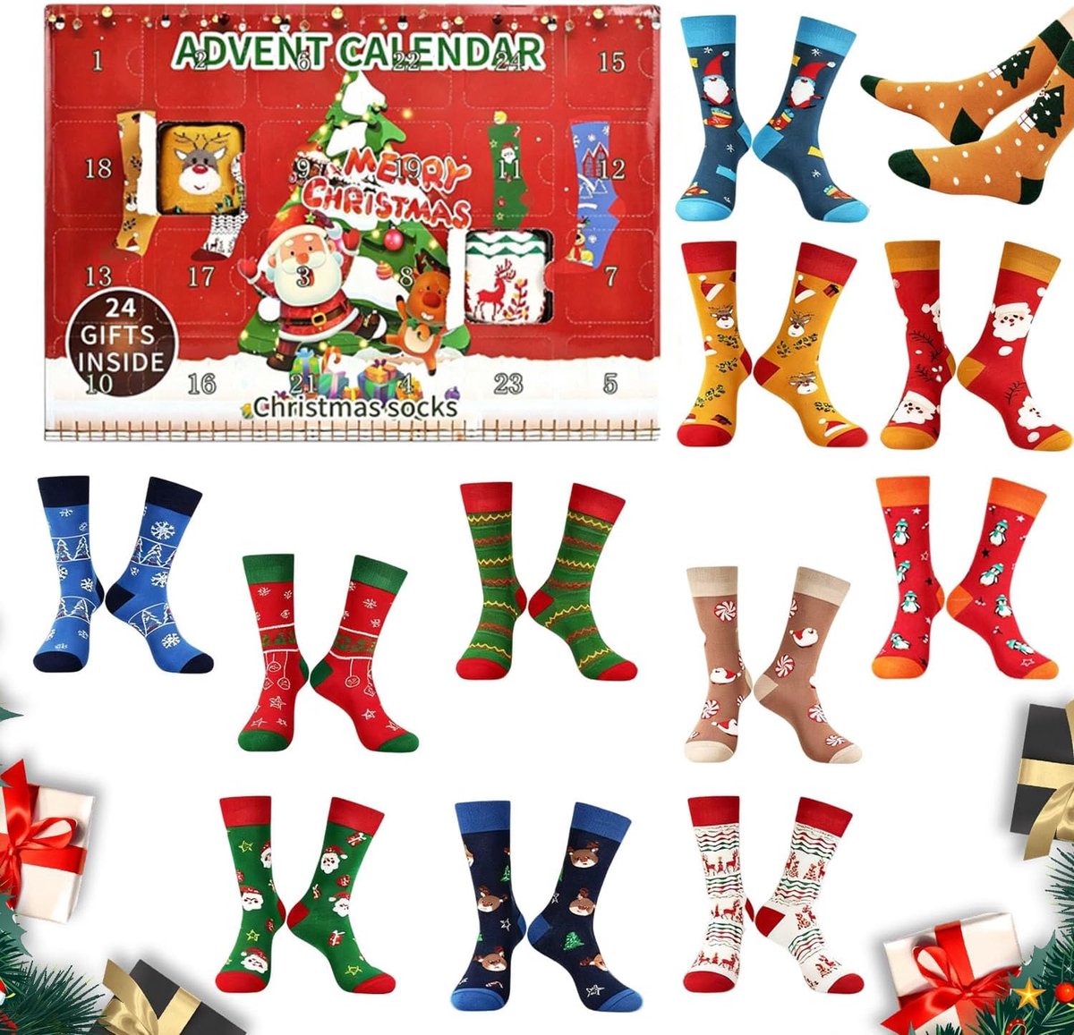 Aftelkalender voor Kerstmis, Adventskalendersokken, 12 paar kerstsokken, schattige sokken Adventskalenders voor volwassenen, kinderen, mannen, vrouwen, kerstcadeaus voor volwassenen - Cyslmuk®