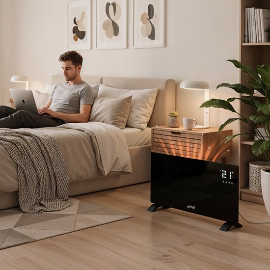 Gologi Elektrische Kachel - Verwarming elektrisch - Convectorkachel met thermostaat - Werkt via App en touch bediening - Tot 25m2 - 2000 watt - Zwart