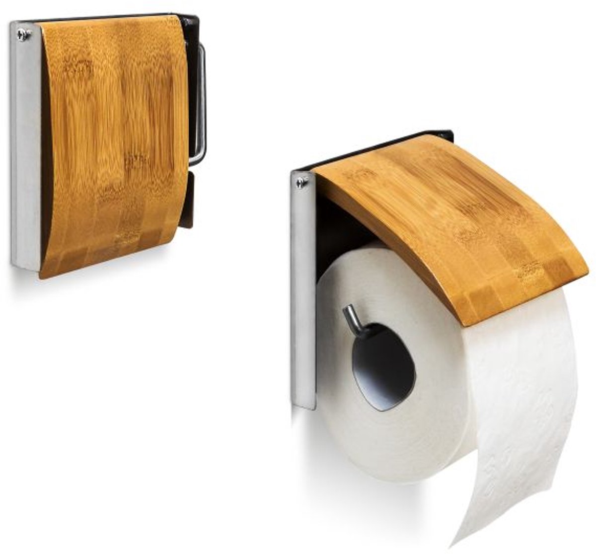 Doodadeals® WC Rolhouder met Bamboe Klep – Stijlvolle Toiletrolhouder – Roestvrij Staal – 13,5 x 14,5 x 13,5 cm