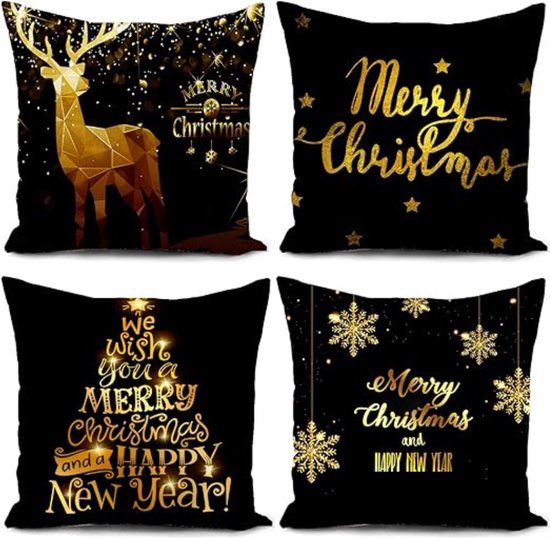 Kerstkussenhoes Fluweel 40x40cm Crème met Gouden Decoratie