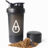 Motivai Shakebeker met poedercompartiment - Zwart - Shaker - 3 delige shaker - 600ml - Motivatie Waterfles - Voor het maken van Shake's - Ook voor supplementen - extra compartimenten voor eiwit en preworkout en/of pillen - met shakebal