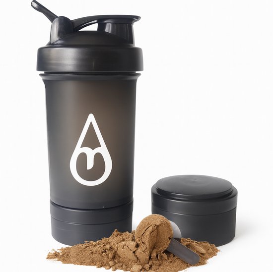 Foto: Motivai shakebeker met poedercompartiment zwart shaker 3 delige shaker 600ml motivatie waterfles voor het maken van shake s ook voor supplementen extra compartimenten voor eiwit en preworkout en of pillen met shakebal