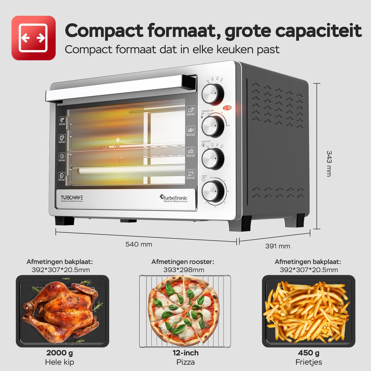 TurboTronic EVS38 - Vrijstaande oven 38L - Mini oven - Elektrische Oven - Zilver – foto 5