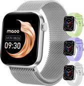 Maoo ProWatch AMOLED Smartwatch Dames en Heren - Milanese Bandje en 3 Siliconen Bandjes - Stappenteller - Hartslagmeter- Bloeddrukmeter - Slaapmonitor - Multisport - Geschikt voor Android en iOS - Zilver