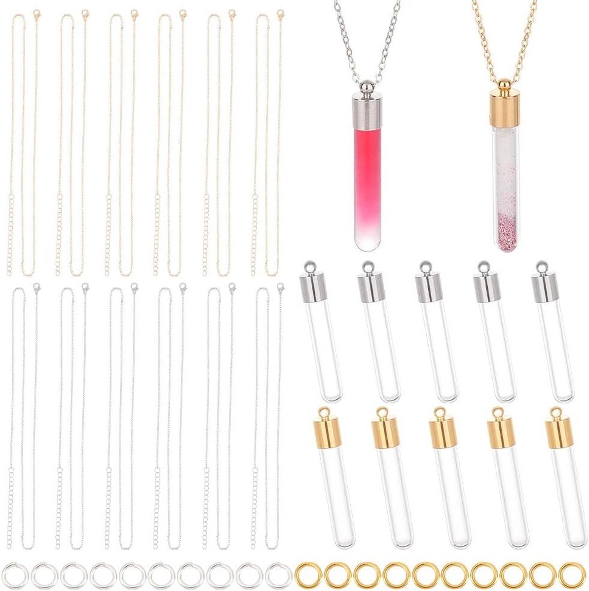 Allecto Premium - Set van 16 glazen flacon hanger kettingen - Goud en platina - DIY sieraden maken - Parfum - Haaraccessoires