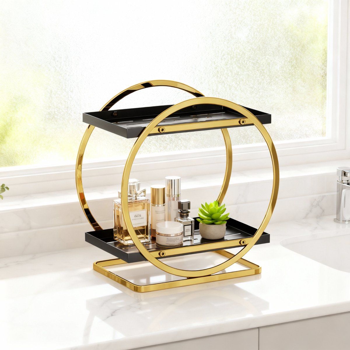 REFTTENW Make up organizer - Parfum organizer staal - parfum display - 2-laags Badkamer organizer - Metalen parfum organizer voor slaapkamer, badkamer - Goud