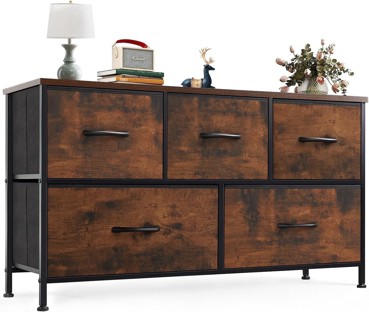 Dressoir / Brede Opbergkast met 5 Stoffen Lades (100 × 30 × 53 cm) – Stevig Metalen Frame – MDF Bovenblad – Industrieel Bruin – Ideaal voor Slaapkamer & Woonkamerkinderkamer HMTM-SC-5D-BR