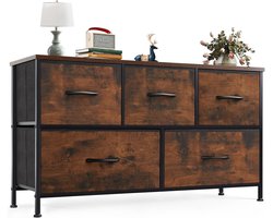 Dressoir / Brede Opbergkast met 5 Stoffen Lades (100 × 30 × 53 cm) – Stevig Metalen Frame – MDF Bovenblad – Industrieel Bruin – Ideaal voor Slaapkamer & Woonkamerkinderkamer HMTM-SC-5D-BR