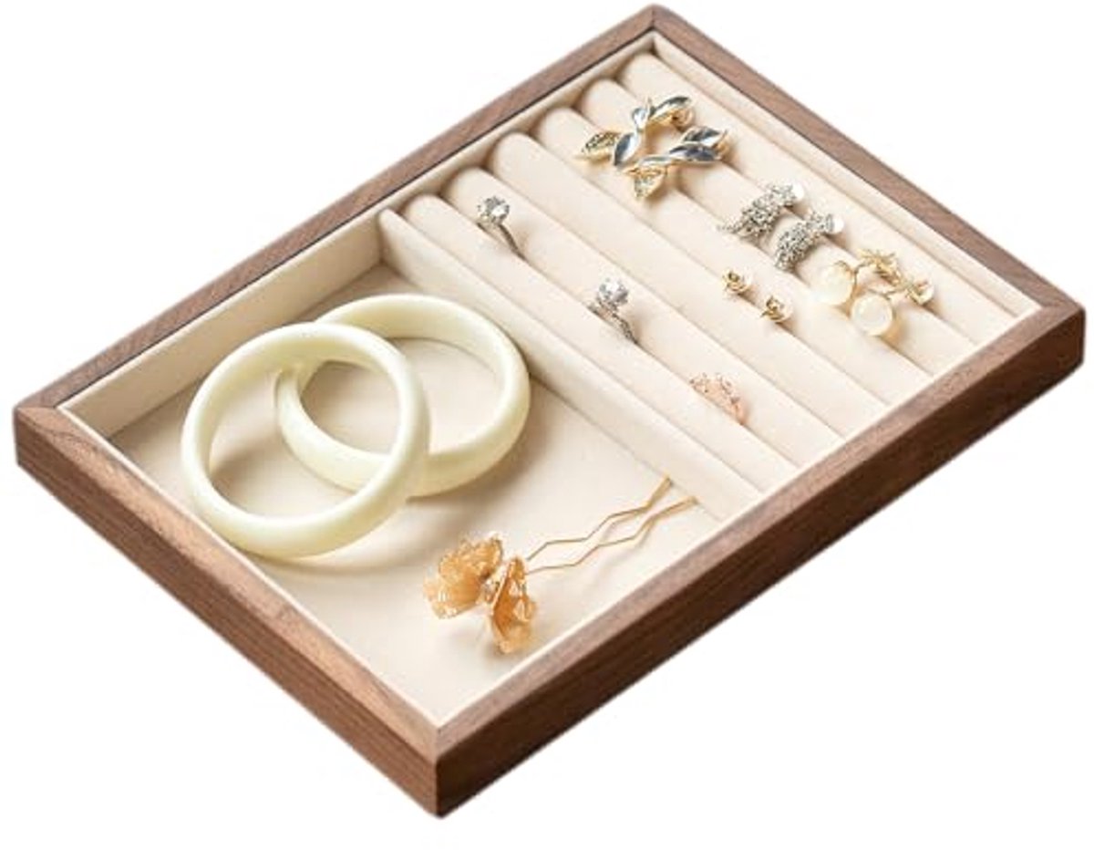 Sieradendienblad van notenhout met fluwelen voering - Organizer voor ringen, oorbellen, armbanden en horloges