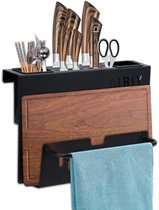 VBNZBK Roestvrijstalen keukenwandplank, ponsvrij keukengerei hangende plank met 6 afneembare haken, bestekhouder organizer multifunctioneel geschikt