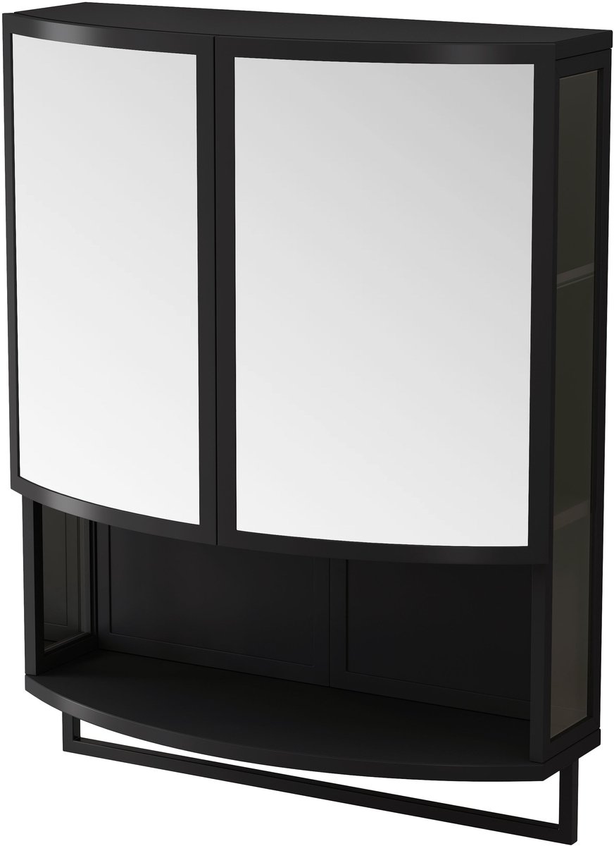 Merax Zwarte Wandkast met Spiegeldeuren - 60CM Moderne Gebogen Dubbele Deur Kast met Open Plank en Handdoekrek - Veilig Breukvrij Spiegeloppervlak - Voor Badkamer Hal Woonkamer of Eetkamer