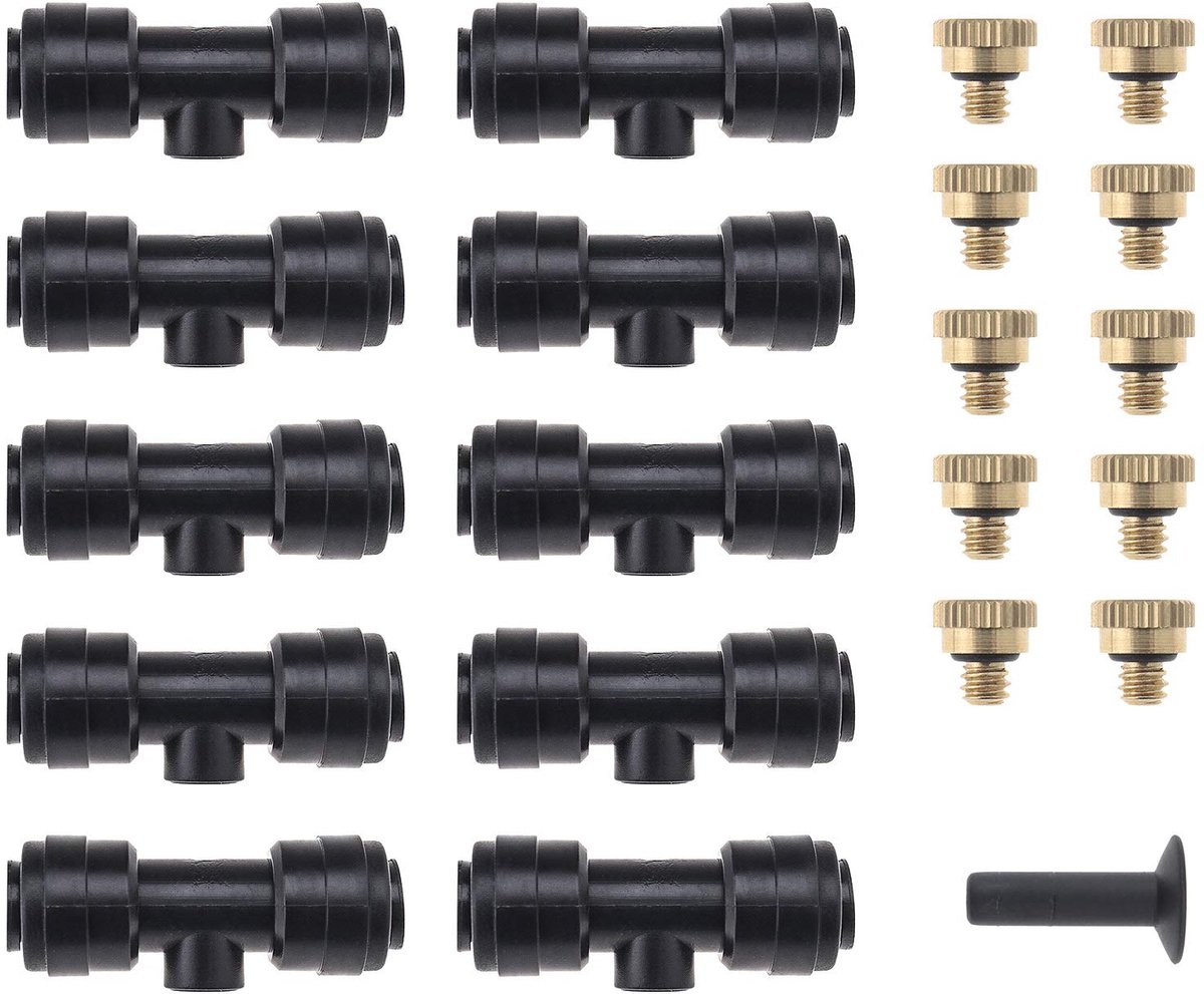 21 Pcs Water Misting Nozzles Sprinkler Set 10x Slip-Lock Mister Nozzle 10x Draad 10/24 UNC Tees & 1x Plug Koelsysteem Voor Kassen Tuin