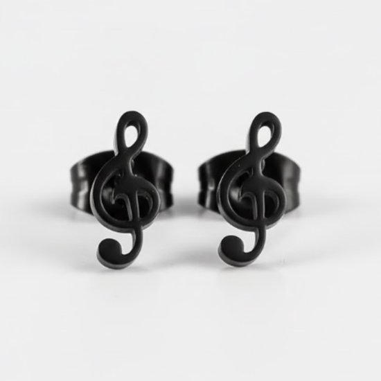 Boucles d'oreilles puces noires unisexes - boucles d'oreilles en métal avec motif de note de musique - boucles d'oreilles puces modernes en forme de clé de sol