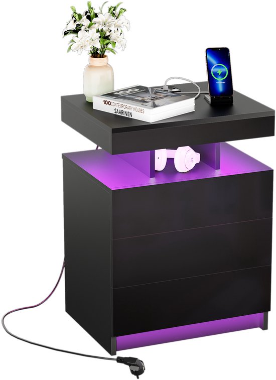 Nachtkastje Smart Nachtkastje Hout Eenvoudig Modern Multifunctioneel Met Licht Vingerafdrukslot Draadloos Opladen Nachtkastje Bluetooth Audio Bijzettafel (Kleur: Goud, Maat: 45x40x52cm) Deco