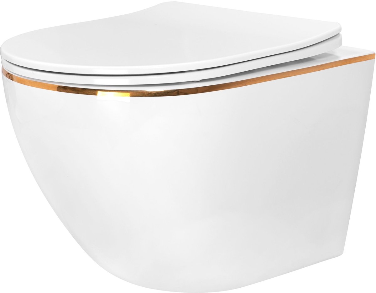 Rea - Hangende toiletpot - Carlo Mini Flat Gold Edge - Wit/Goud - 49X37X33CM