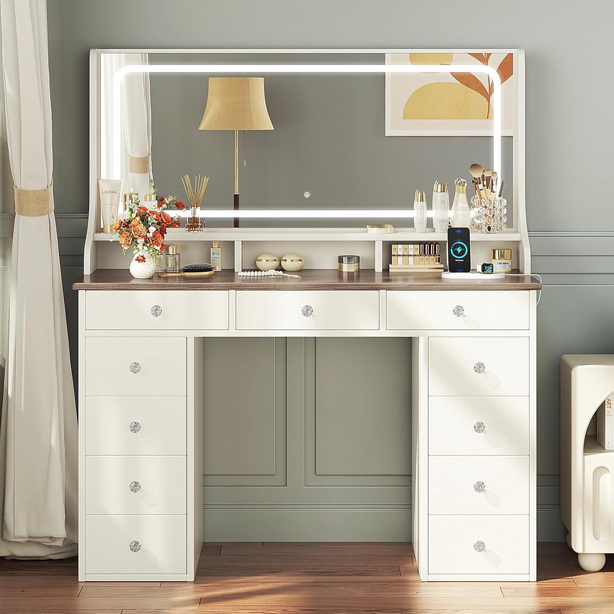 Luxe kaptafel met LED-verlichting en stopcontacten – 11 lades, 110 cm spiegel met 3 lichtkleuren en dimmer – Moderne kaptafel met USB, vintage bruin – Kaptafel voor slaapkamer en kleedkamer HomeByNicole