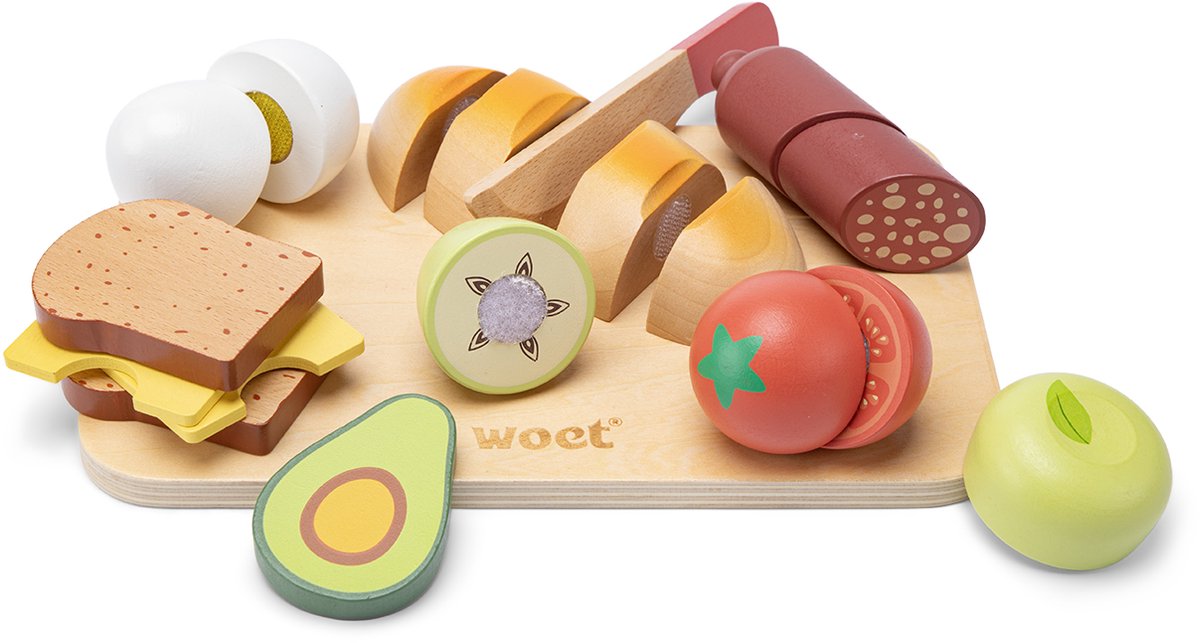 Woet® Houten Snijset Ontbijt - Speelset met Snijplank met Brood, Avocado, Kaas, Ei en Fruit - Educatief Speelgoedeten - Rollenspel Keukenspeelgoed - Vanaf 2 Jaar — afbeelding 4