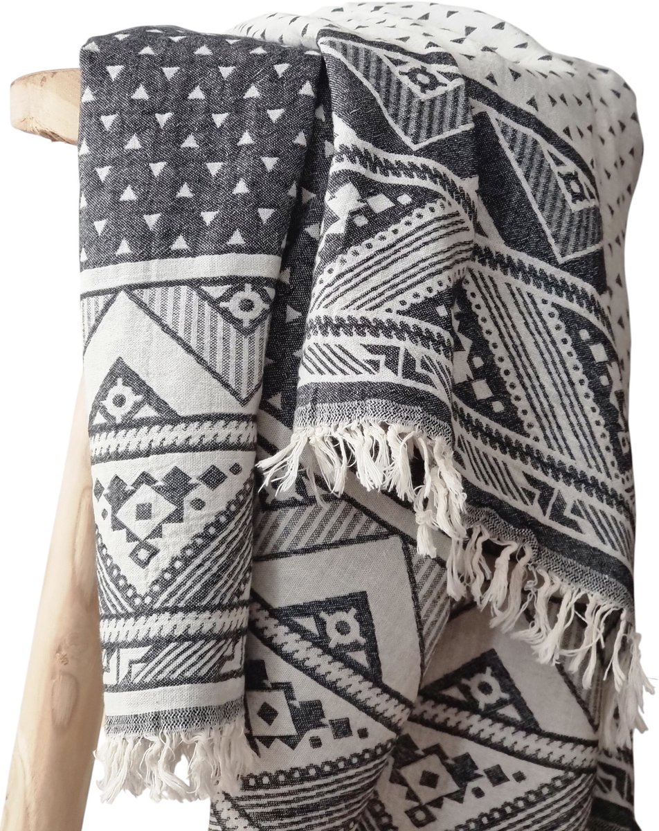 Ederlezi- Jacquard Hamamdoek - Peshtemal - Saunadoek - Geometrisch Zwart - %100 Katoen - 90x170cm