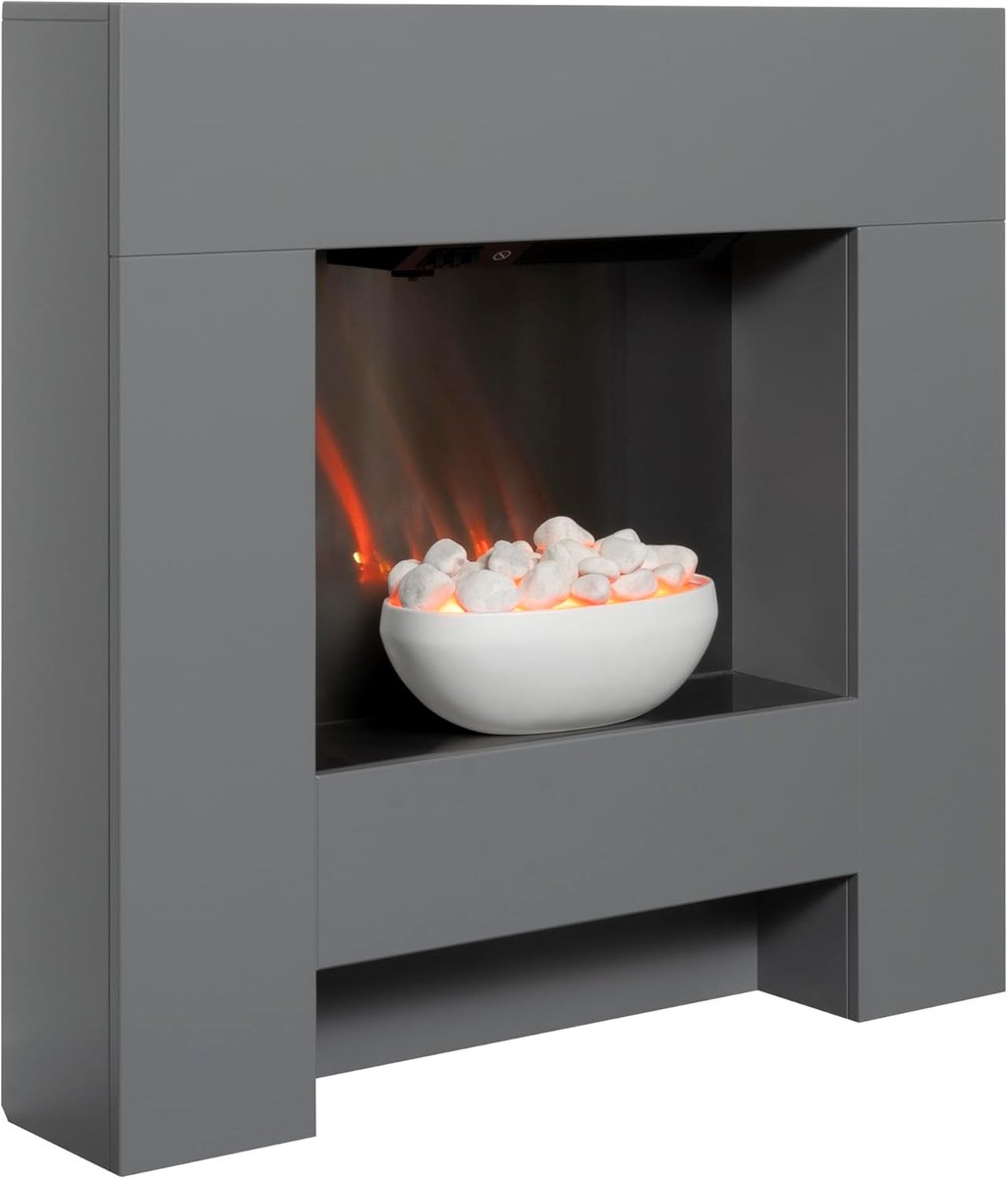 Elektrische Sfeerhaard CubistLuxe™ Grijs – Moderne Wandhaard 91 cm met LED Vlam Effect, Kiezelsteendecor, Verwarming 1–2 kW, Volledig Gemonteerd, Wandmontage – HomeByNicole