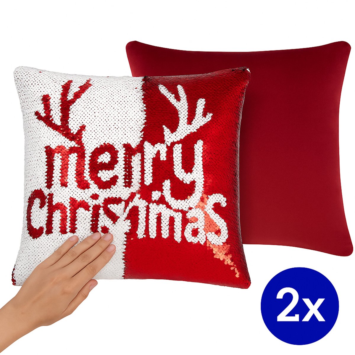 HEM Kerstkussens Set van 2 – Inclusief Vulling – 40x40 cm – Pailletten Rood/Wit – Omkeerbaar – Fluwelen Achterkant Rood – Kerstkussens Bank of Bed