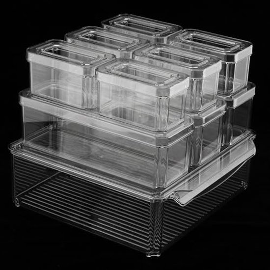 GuoTcusy Koelkastorganizer-set, Keuken Koelkast & Kast Opslag Trays, transparante koelkast opbergdozen met handgrepen voor Vriezers, Koelkast en Voorraadkast enz,BPA-Vrij (2 Lades, Middel