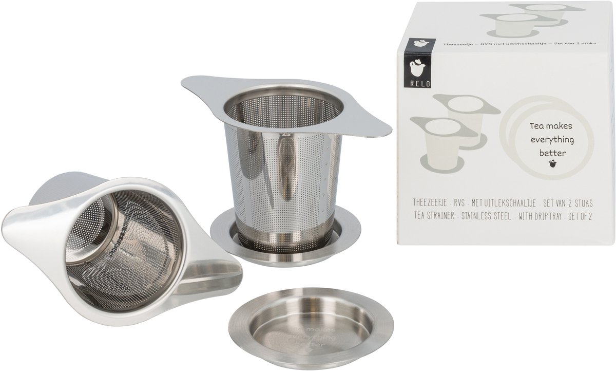 Theezeefje RVS set van 2 met uitlekschaaltje met tekst “Tea makes everything better” losse thee infuser