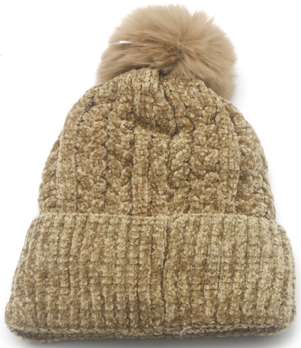 Muts met pompon - Beanie met pompon - bruin - one size