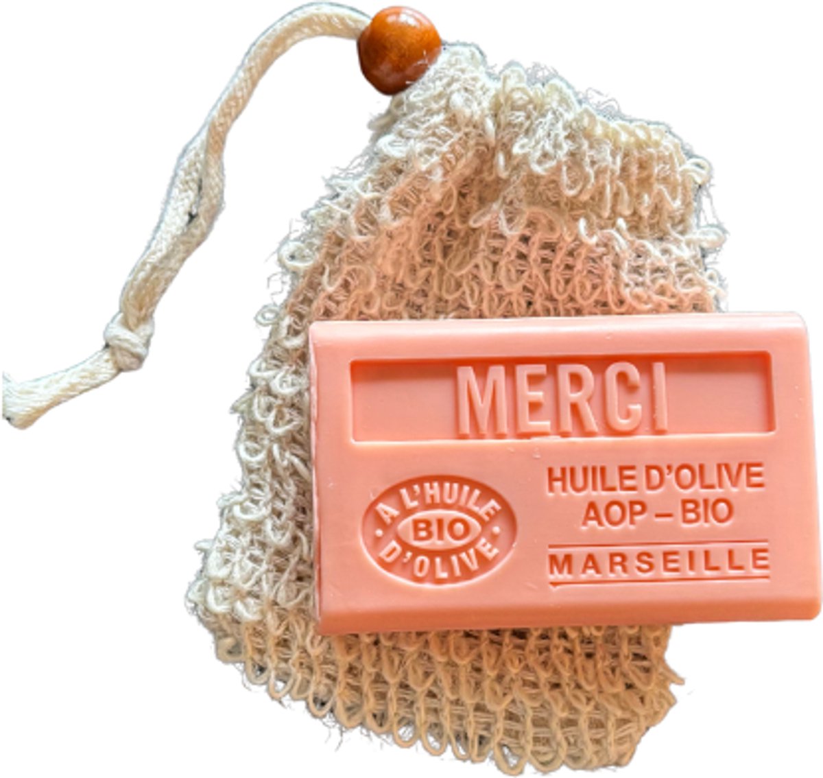 Zeep bedankje - Merci zeep + sisal scrubzakje - klein cadeautje - biologische olijfolie zeep - Savon de Marseille