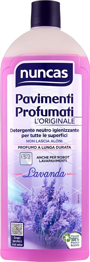 Roze fles Nuncas vloerreiniger "Pavimenti Profumati L'Originale Lavanda" met lavendelafbeeldingen en tekst.