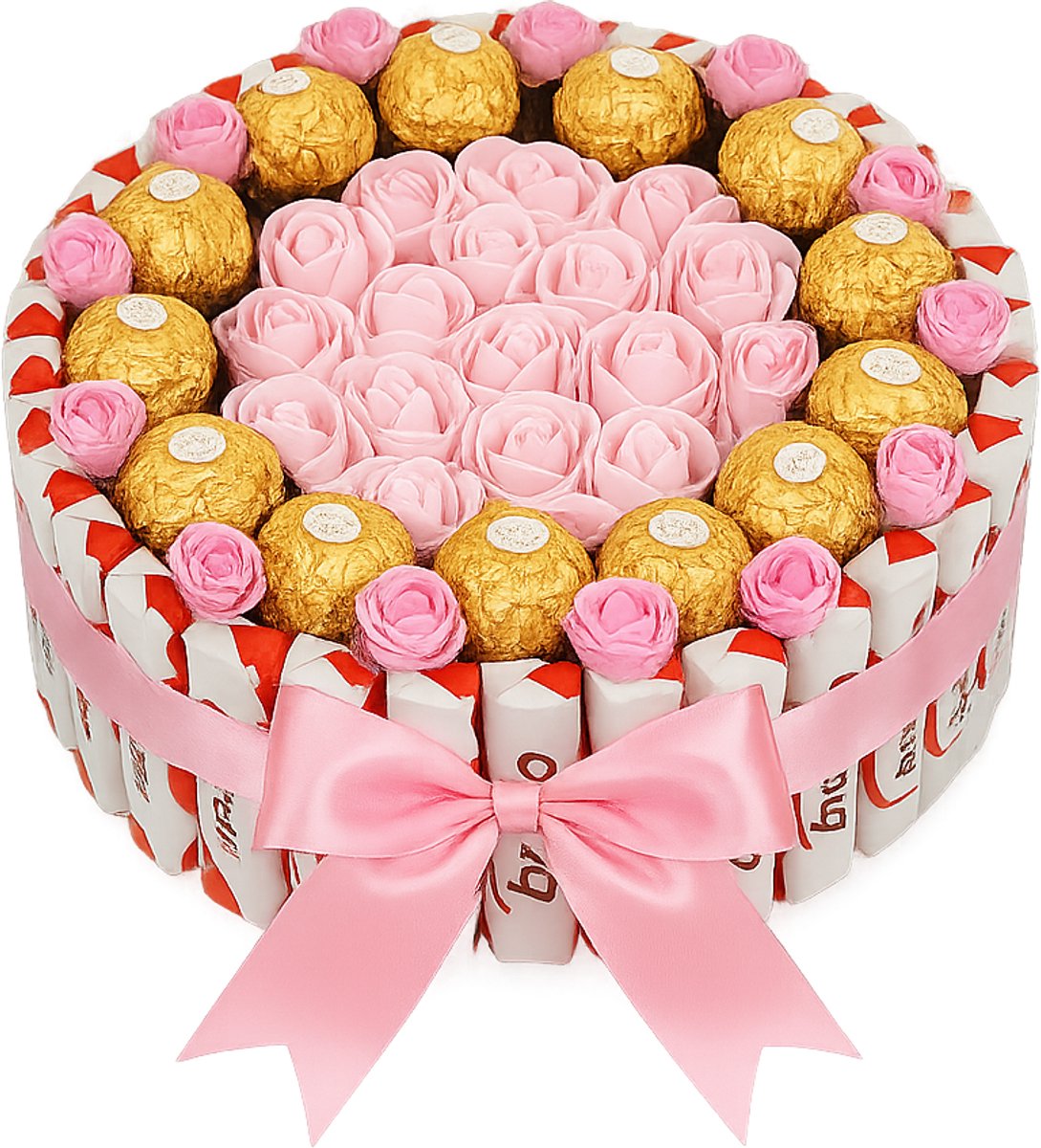 Luxe Ferrero Rocher & Kinder Rozen Cadeautaart – Roze Rozen & Satijnen Strik
