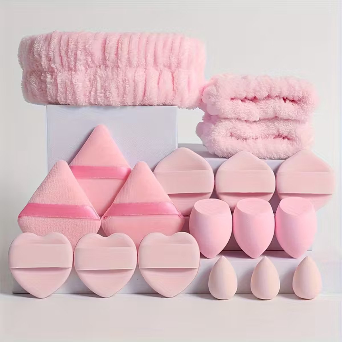 GEAR3000® haarband make up - polsbandjes - powder puff - beauty blender - skincare wasbandjes - waterabsorberend - 18-delig roze
